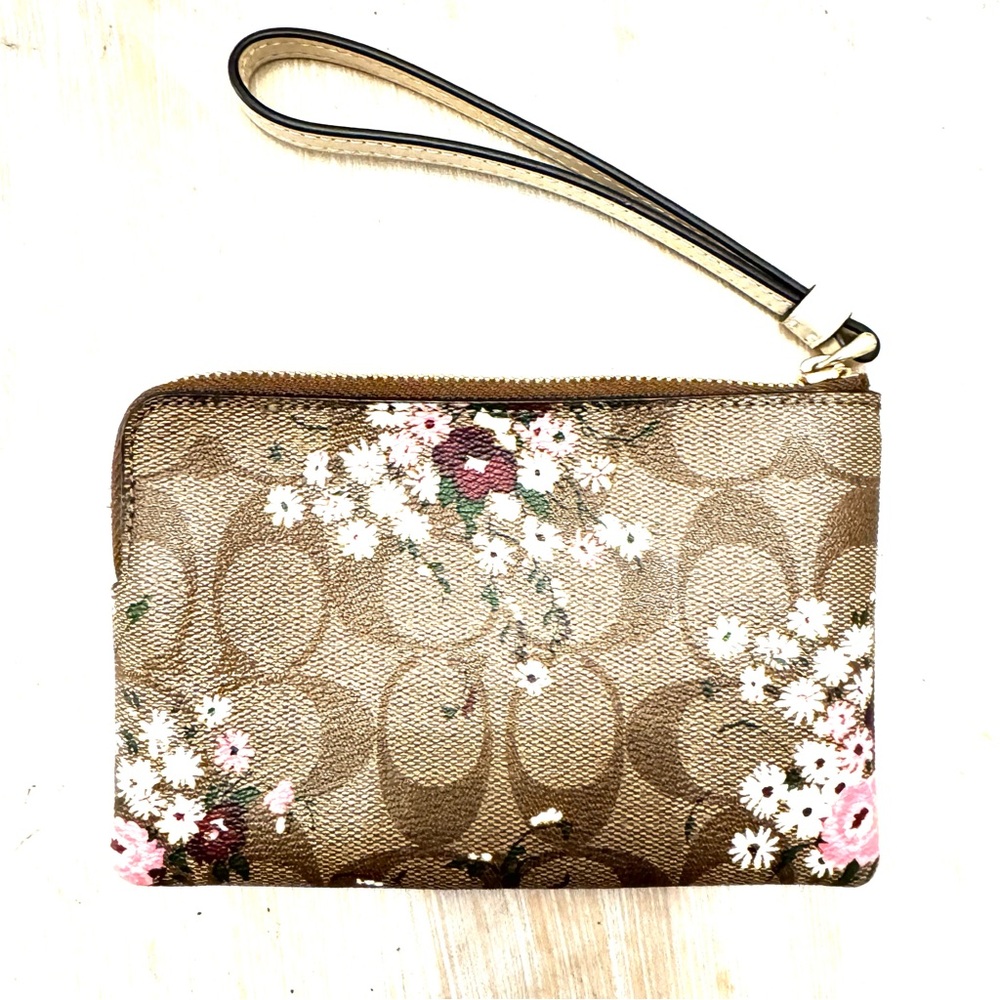 COACH Brown Signature Floral Canvas Wristlet with Pink Accents - Picture 3 of 6